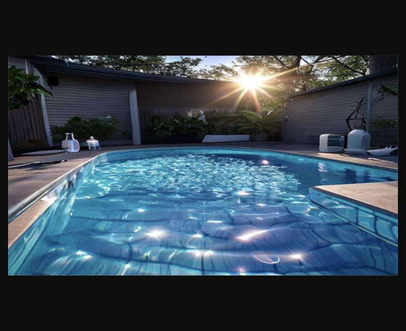 A sparkling plunge pool with UV light system and pool stabilizer equipment in an Australian backyard
